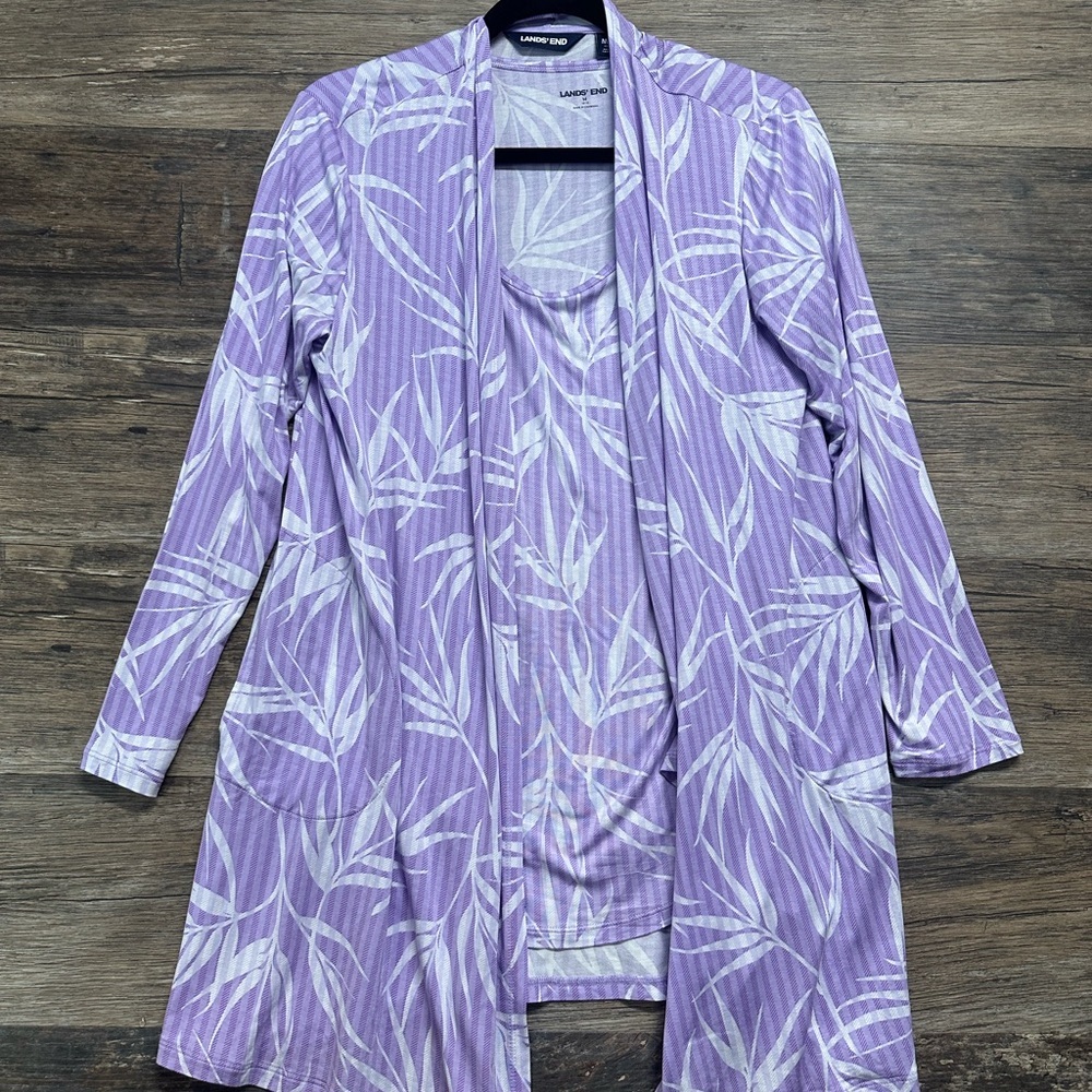 Lands' End Purple Blouse with White Leaf Print
